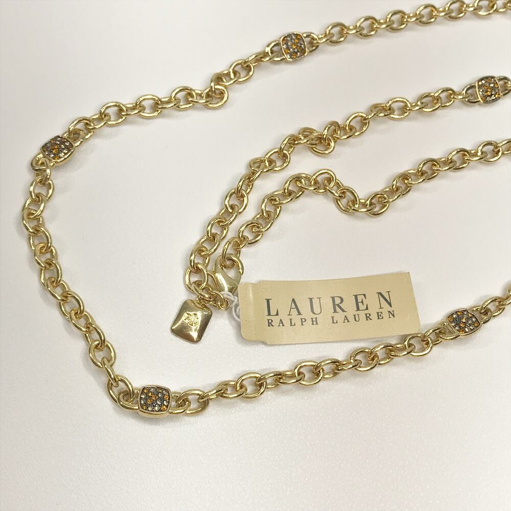 NWT Ralph Lauren Gold Tone Pave Brown Crystal Lock Station 30in Chain Necklace